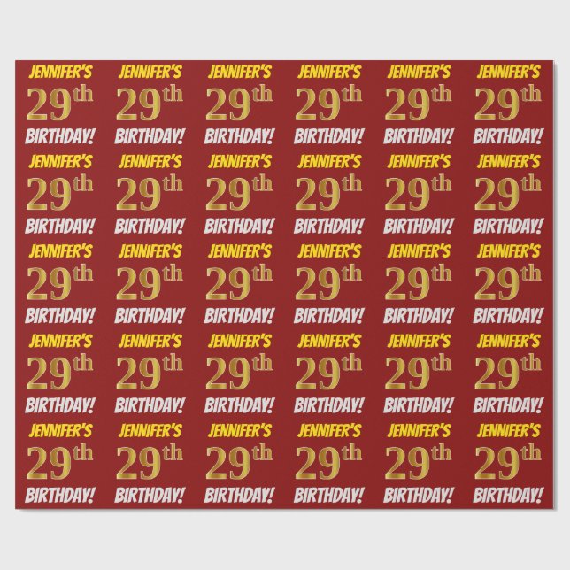 Papier Cadeau Rouge, Faux/Imitation Or, "29e anniversaire" (Plat)