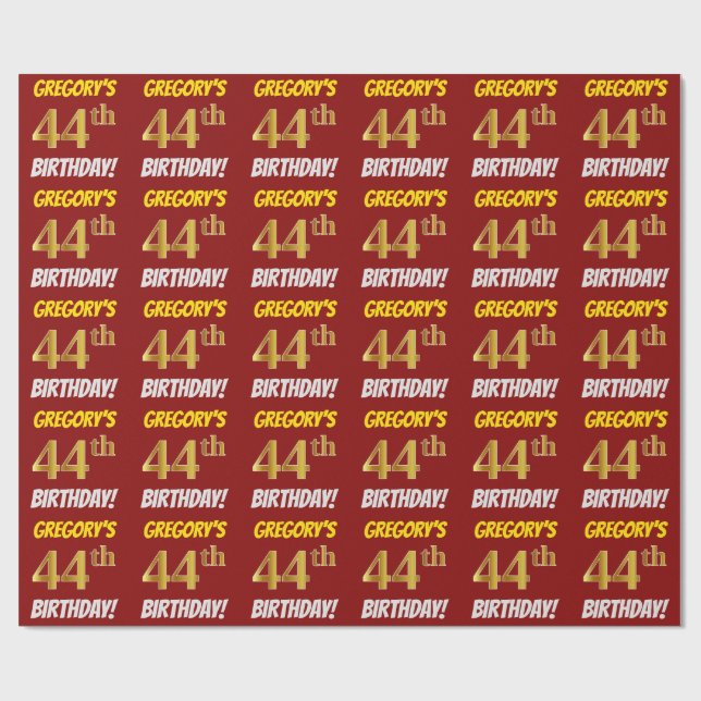 Papier Cadeau Rouge, Faux/Imitation Or, "44e anniversaire" (Plat)