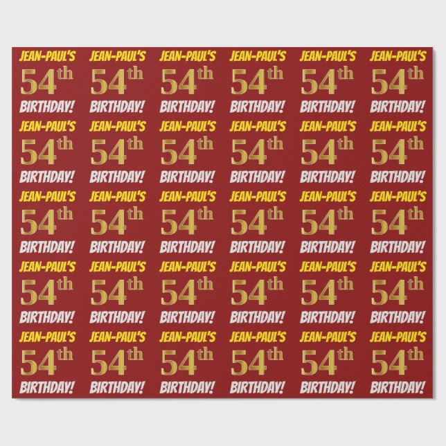 Papier Cadeau Rouge, Faux/Imitation Or, "54e anniversaire" (Plat)
