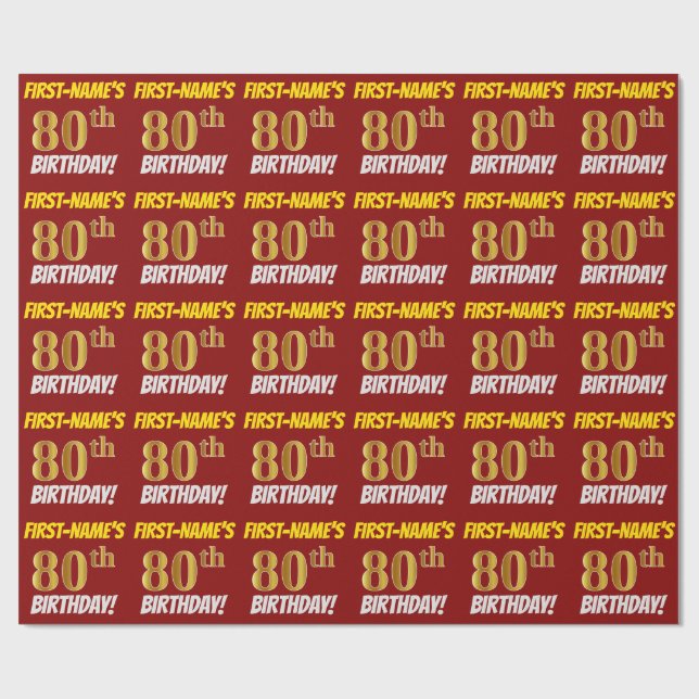 Papier Cadeau Rouge, Faux/Imitation Or, "80e ANNIVERSAIRE" (Plat)