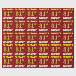 Papier Cadeau Rouge, Faux/Imitation Or, "81e ANNIVERSAIRE"
