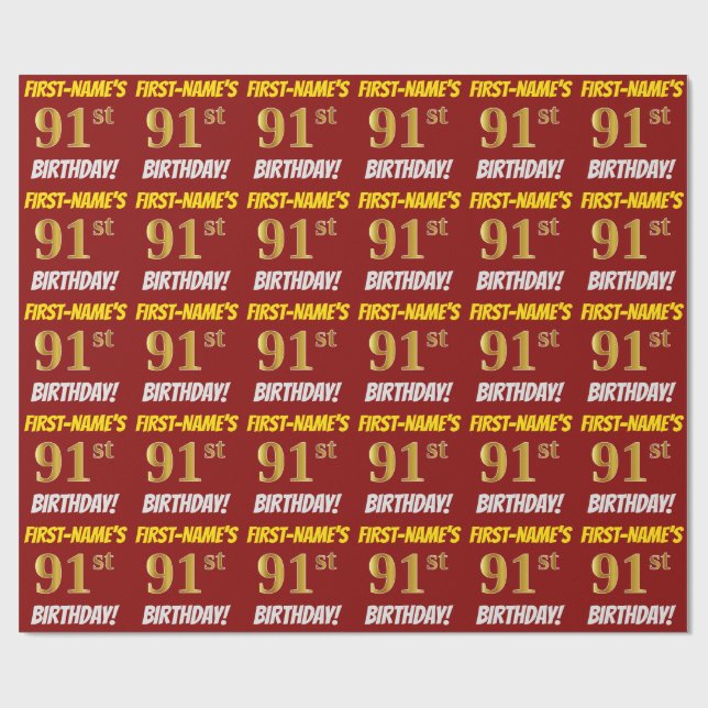 Papier Cadeau Rouge, Faux/Imitation Or, "91e ANNIVERSAIRE" (Plat)