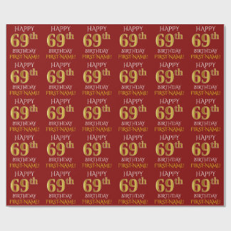 Papier Cadeau Rouge, Faux Or "HEUREUX 69ème anniversaire"