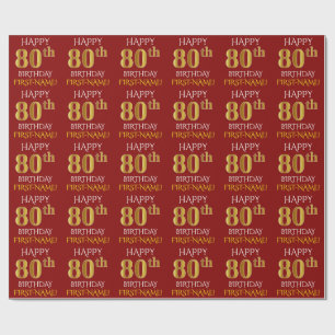 Papier Cadeau Rouge, Faux Or "HEUREUX 80e anniversaire"