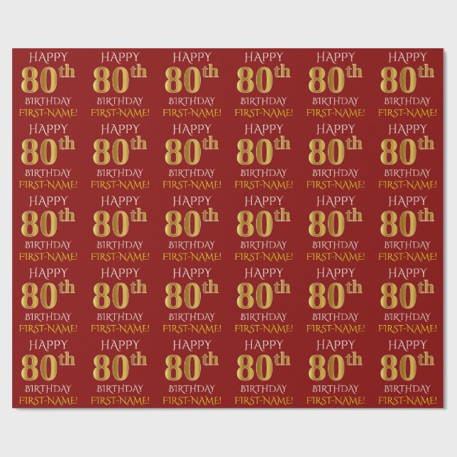 Papier Cadeau Rouge, Faux Or "HEUREUX 80e anniversaire" (Plat)