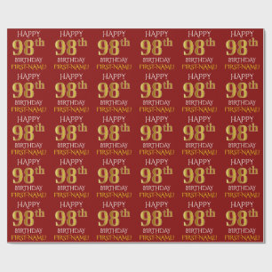Papier Cadeau Rouge, Faux Or "HEUREUX 98ème anniversaire"