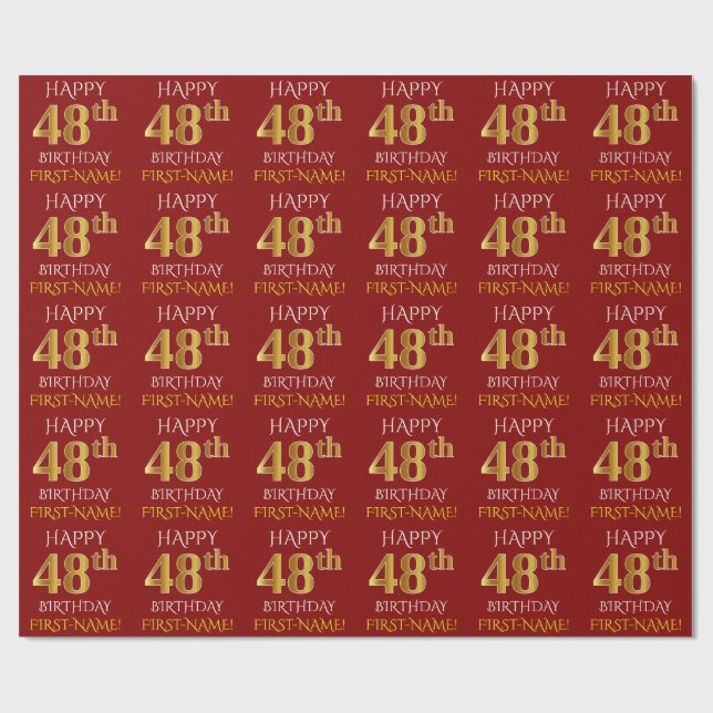 Papier Cadeau Rouge, Faux Or "Joyeux 48e ANNIVERSAIRE" (Plat)