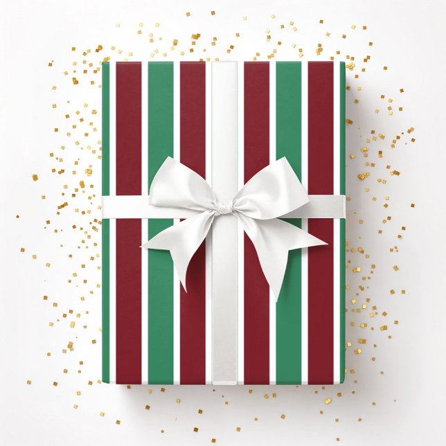 Papier Cadeau Rouge festif de bandes vertes de Noël (Festive Red Green Stripes Christmas Wrapping Paper)
