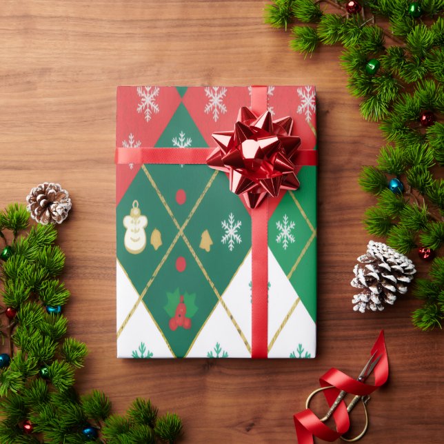 Papier Cadeau Rouge festif et vert Argyle Noël joyeux (Cadeau de vacances)