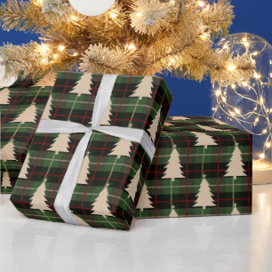 Papier Cadeau Rouge festif, vert et crème à carreaux et sapins d
