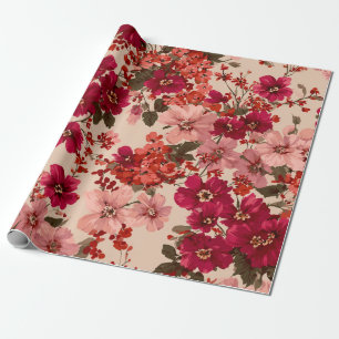 Papier Cadeau Rouge Fleurs de Ditsy Rose Doux Pastel Bohème Vint