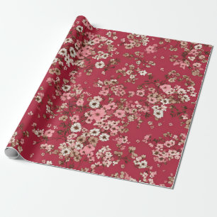 Papier Cadeau Rouge Fleurs Ditsy Rose Doux Pastel Bohème Vintage