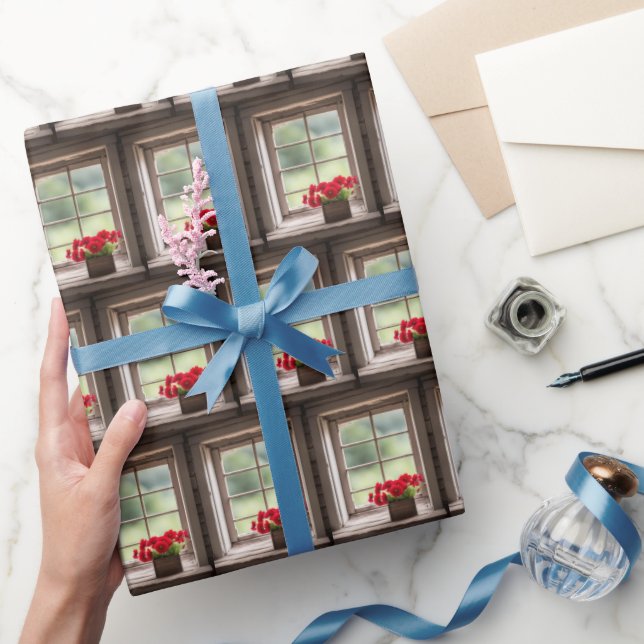 Papier Cadeau Rouge Gerbera Daisées Dans La Fenêtre Fermière (Cadeaux)