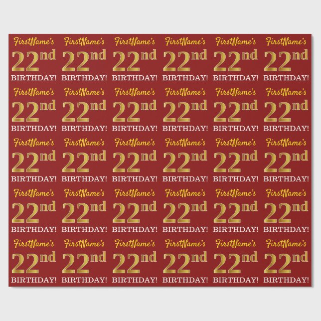 Papier Cadeau Rouge, Imitation Gold Look "22e anniversaire" (Plat)