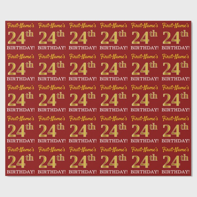 Papier Cadeau Rouge, Imitation Gold Look "24th BIRTHDAY" (Plat)