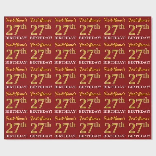 Papier Cadeau Rouge, Imitation Gold Look "27th BIRTHDAY" (Plat)