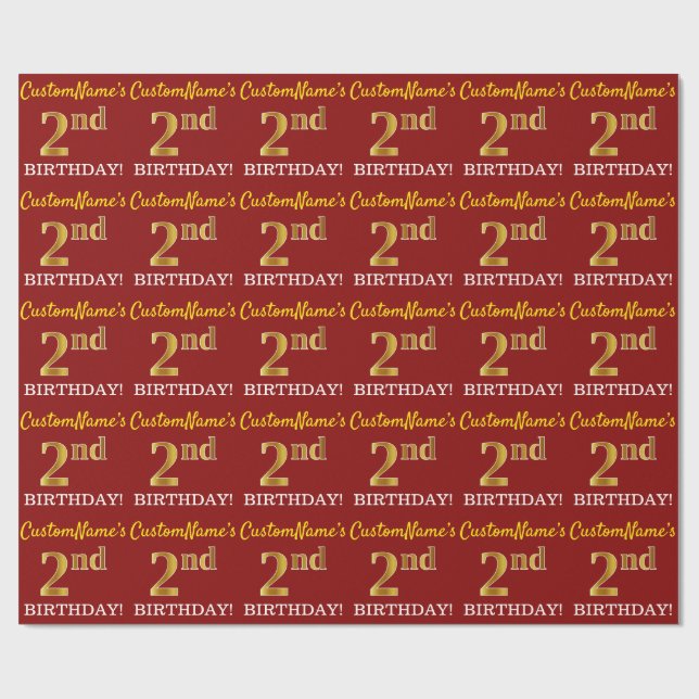 Papier Cadeau Rouge, Imitation Gold Look "2e anniversaire" (Plat)