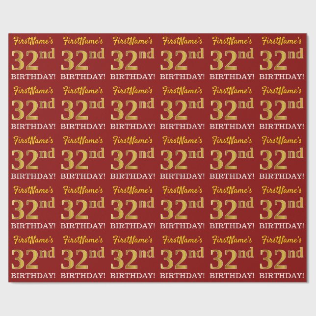 Papier Cadeau Rouge, Imitation Gold Look "32e anniversaire" (Plat)