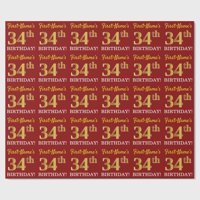 Papier Cadeau Rouge, Imitation Gold Look "34th BIRTHDAY" (Plat)
