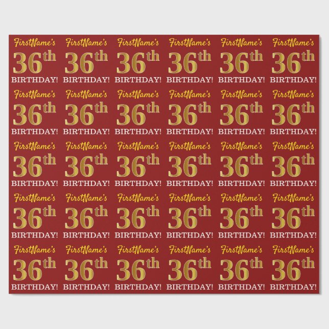 Papier Cadeau Rouge, Imitation Gold Look "36e anniversaire" (Plat)