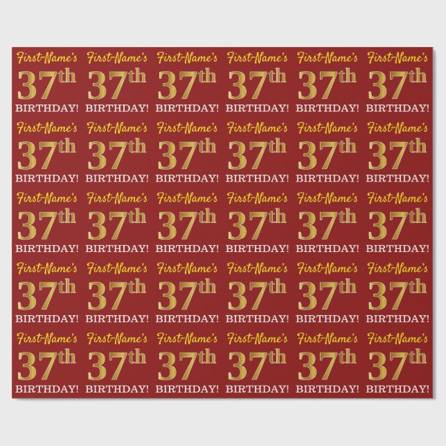Papier Cadeau Rouge, Imitation Gold Look "37th BIRTHDAY" (Plat)