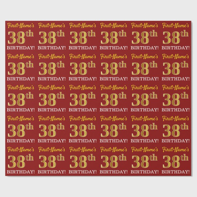 Papier Cadeau Rouge, Imitation Gold Look "38e anniversaire" (Plat)