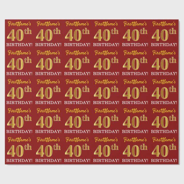 Papier Cadeau Rouge, Imitation Gold Look "40e anniversaire" (Plat)