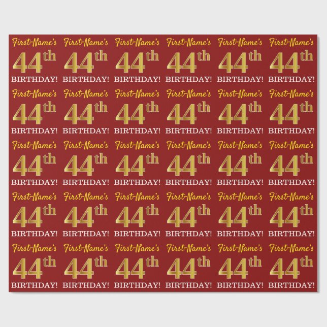 Papier Cadeau Rouge, Imitation Gold Look "44th BIRTHDAY" (Plat)