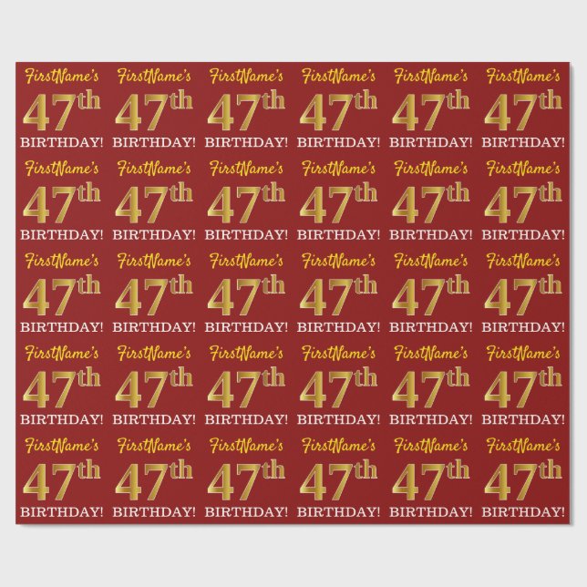 Papier Cadeau Rouge, Imitation Gold Look "47th BIRTHDAY" (Plat)