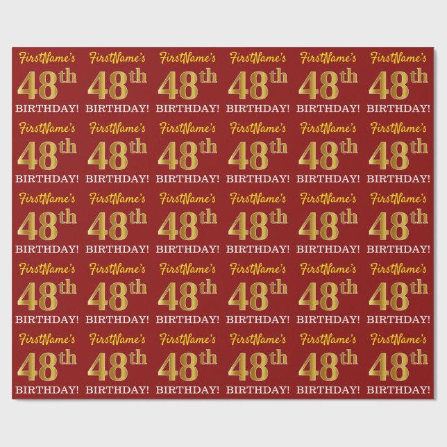 Papier Cadeau Rouge, Imitation Gold Look "48e anniversaire" (Plat)