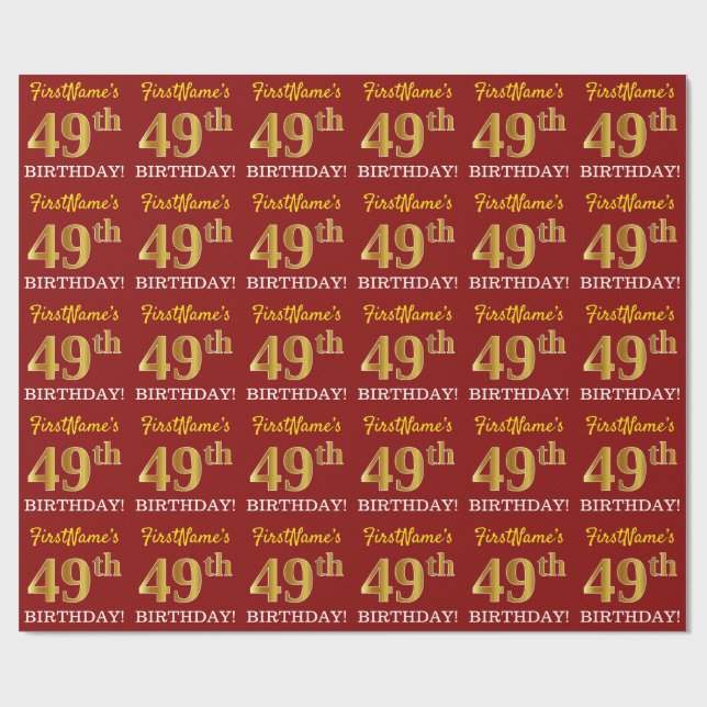 Papier Cadeau Rouge, Imitation Gold Look "49ème anniversaire" (Plat)