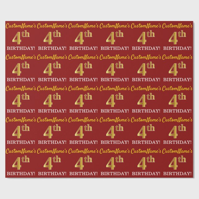 Papier Cadeau Rouge, Imitation Gold Look "4th BIRTHDAY" (Plat)