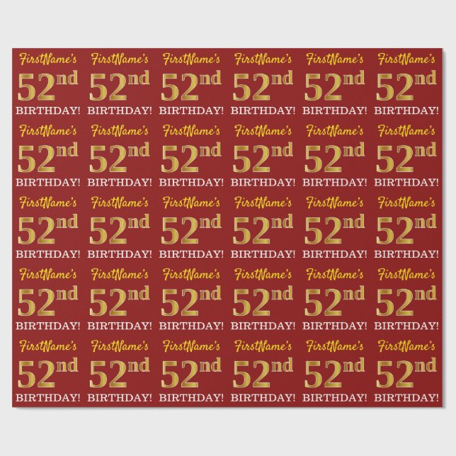Papier Cadeau Rouge, Imitation Gold Look "52e anniversaire" (Plat)