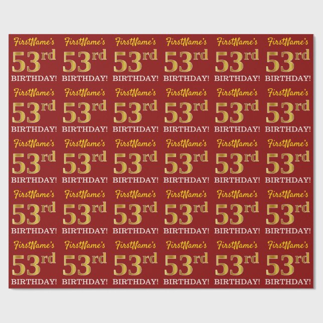 Papier Cadeau Rouge, Imitation Gold Look "53ème anniversaire" (Plat)