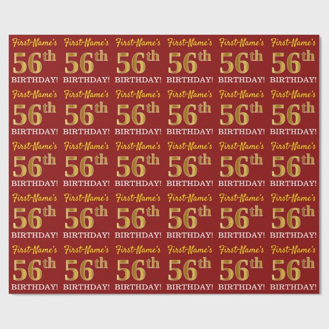 Papier Cadeau Rouge, Imitation Gold Look "56e anniversaire" (Plat)