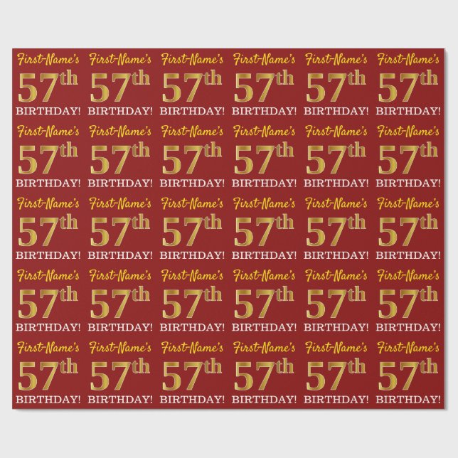 Papier Cadeau Rouge, Imitation Gold Look "57th BIRTHDAY" (Plat)