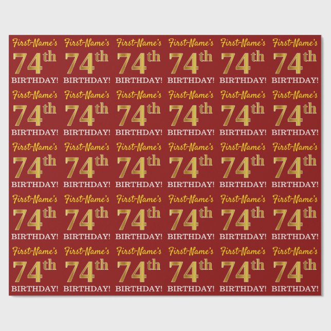Papier Cadeau Rouge, Imitation Gold Look "74th BIRTHDAY" (Plat)