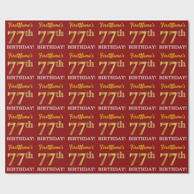 Papier Cadeau Rouge, Imitation Gold Look "77th BIRTHDAY" (Plat)