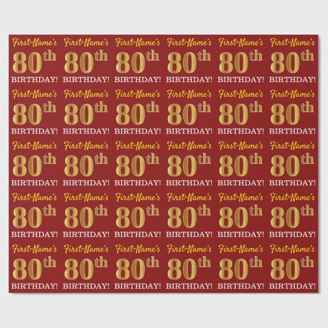 Papier Cadeau Rouge, Imitation Gold Look "80e anniversaire" (Plat)