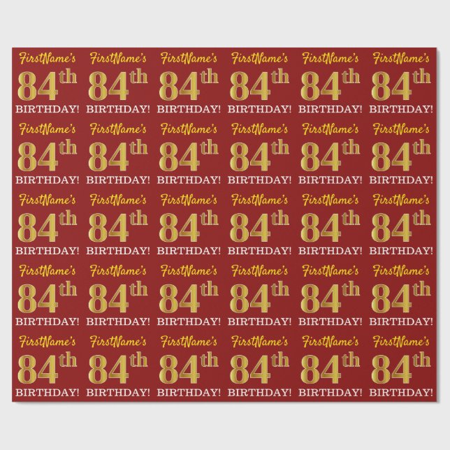 Papier Cadeau Rouge, Imitation Gold Look "84e anniversaire" (Plat)