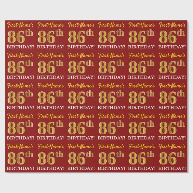 Papier Cadeau Rouge, Imitation Gold Look "86e anniversaire" (Plat)