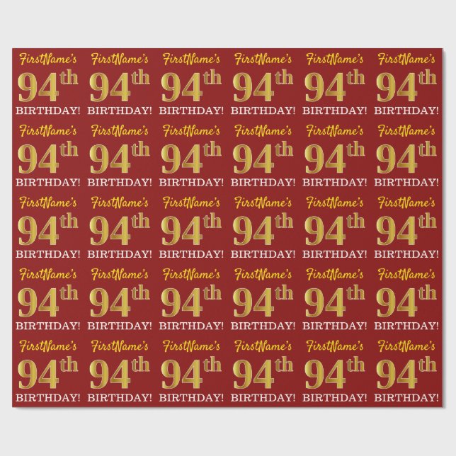 Papier Cadeau Rouge, Imitation Gold Look "94e anniversaire" (Plat)