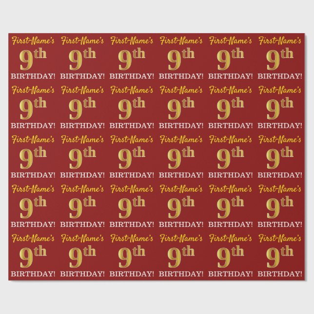 Papier Cadeau Rouge, Imitation Gold Look "9e anniversaire" (Plat)