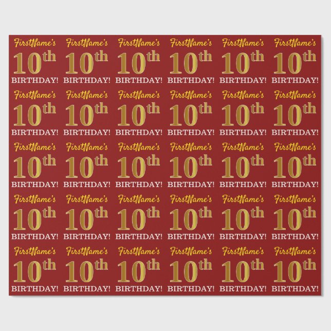 Papier Cadeau Rouge, Imitation or Look "10e anniversaire" (Plat)