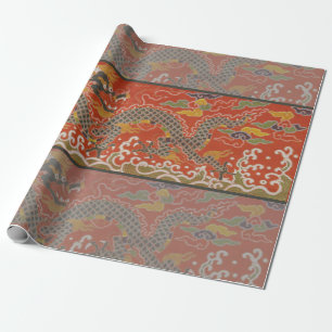 Papier Cadeau Rouge Impérial & Motif de Soie de Dragon Noir