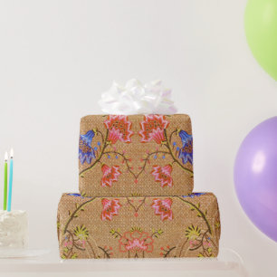 Papier Cadeau Rouge Impérial & Or Broderie Florale en Soie