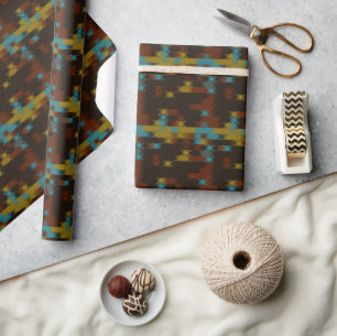 Papier Cadeau rouge jaune bleu et marron géométrique