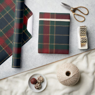 Papier Cadeau Rouge Luxe Vert & Tartan Marine Plaid