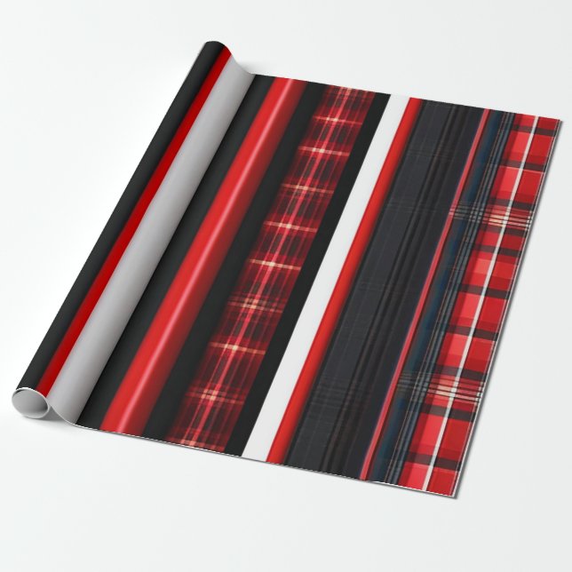 Papier Cadeau Rouge Noir Abstrait Plaid Collection tendance (Déroulé)