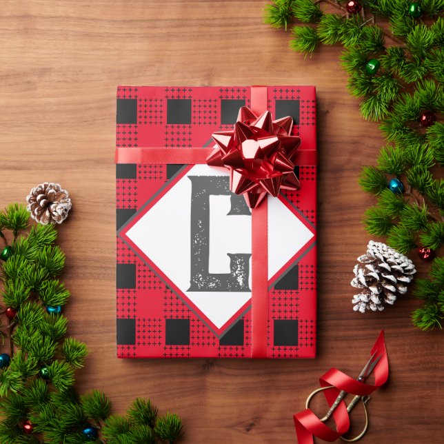 Papier Cadeau rouge & noir carreaux de bison Monogramme initiale (Cadeau de vacances)